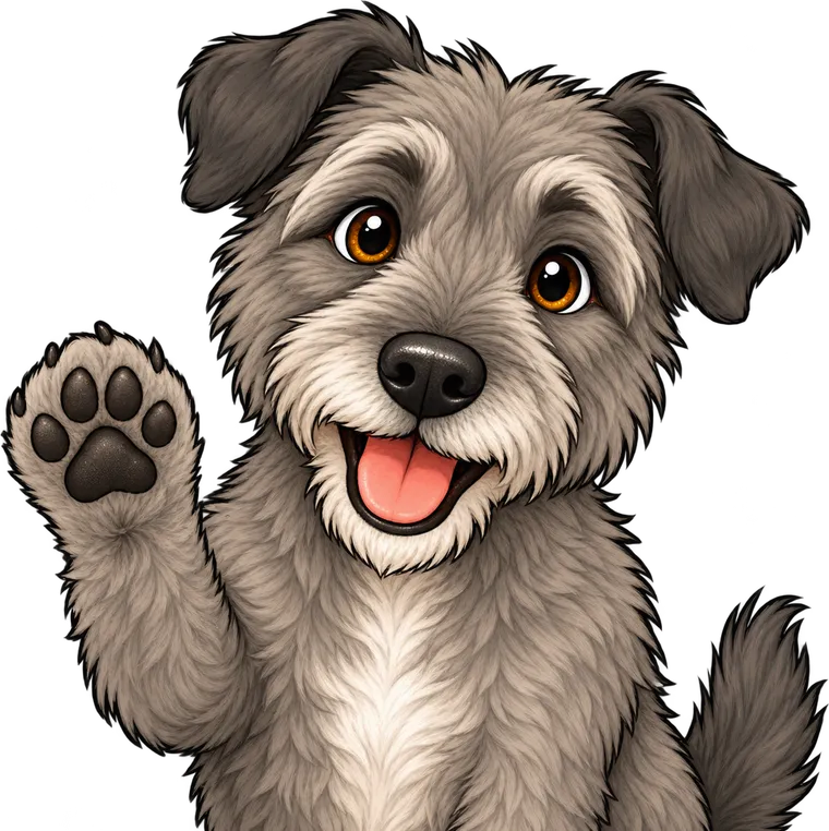 A scruffy grey pup waving hello