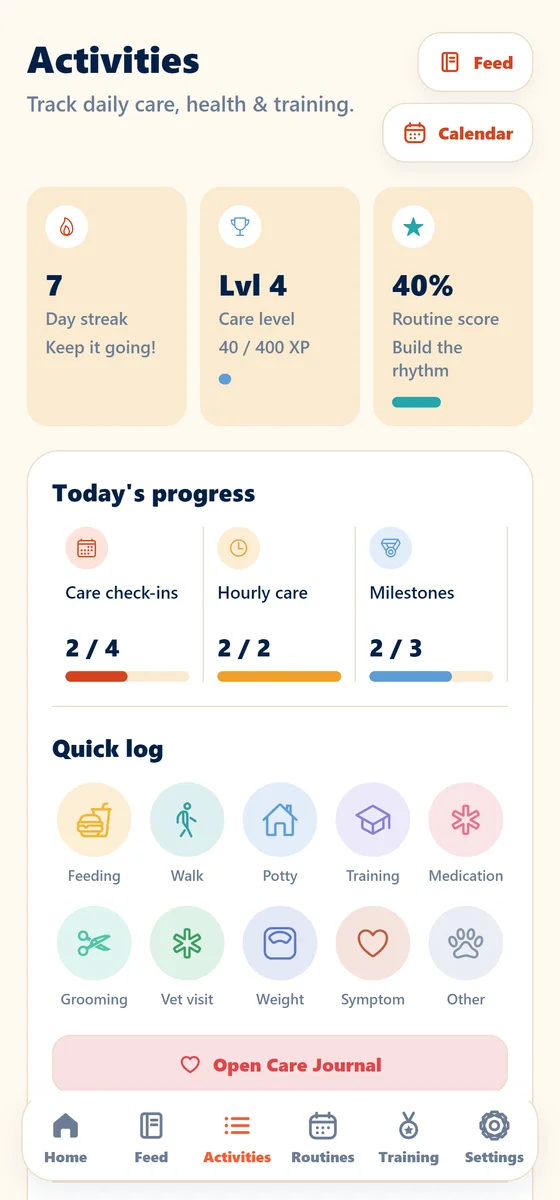 The Activities screen: a seven-day care streak, today’s progress and quick-log buttons