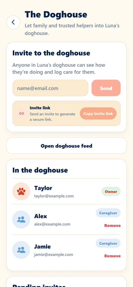The Doghouse screen: an invite form and three people caring for the same dog