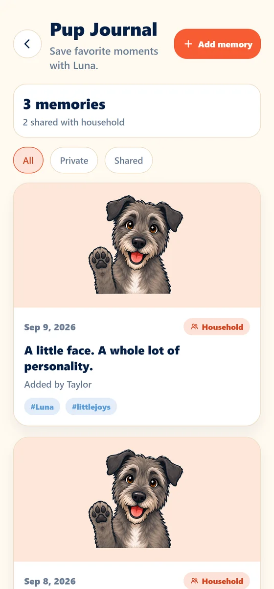 The Pup Journal screen: saved memories with dates and tags