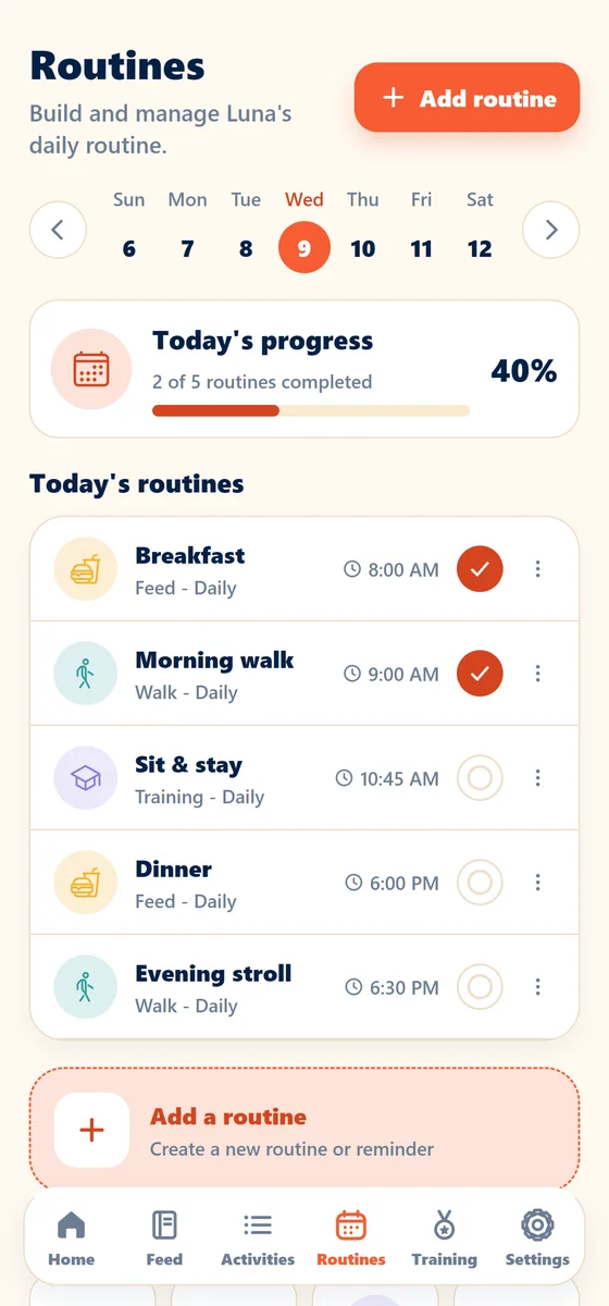 The Routines screen: today’s progress and a checklist with breakfast, a morning walk and training